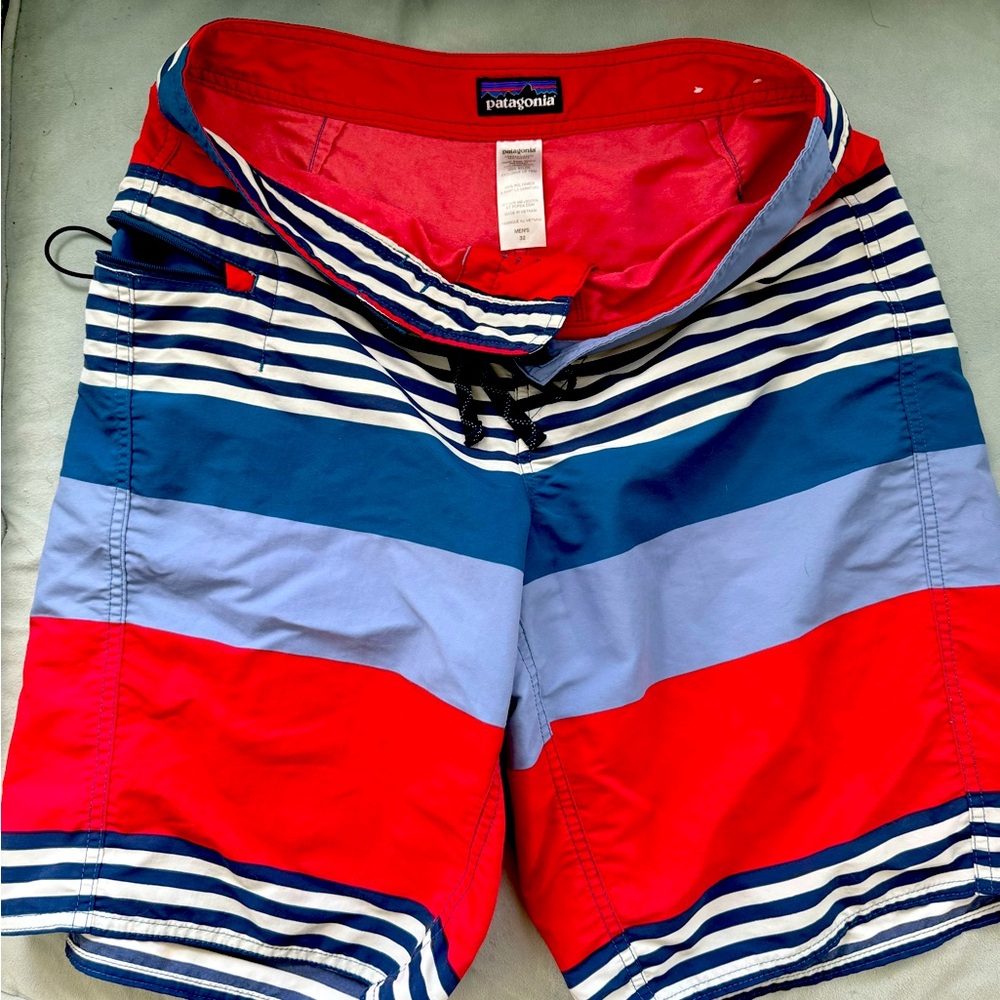 Patagonia Men's Board Shorts Size 32 – Red White Blue Striped Swim Trunks